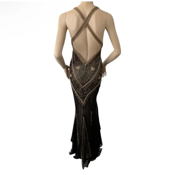 Vintage Cache Silk Beaded Open Back Formal Y2K Gown Dress Black 90s Size 2 - Picture 3 of 16